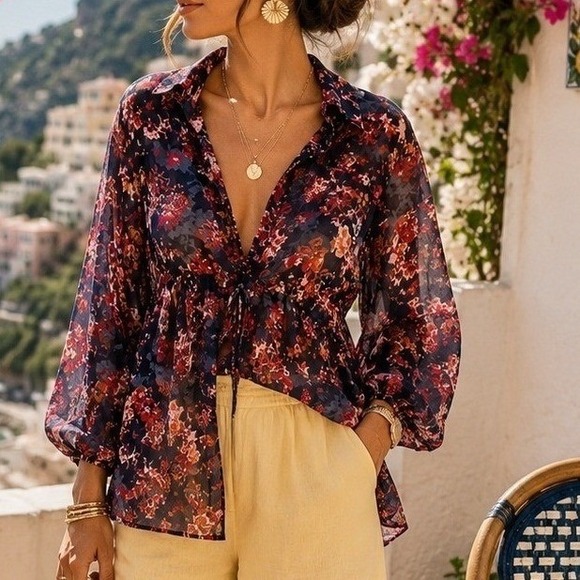 Zara Tops - Zara Woman Floral Tunic Top Navy Red Boho V-Neck Blouse XS